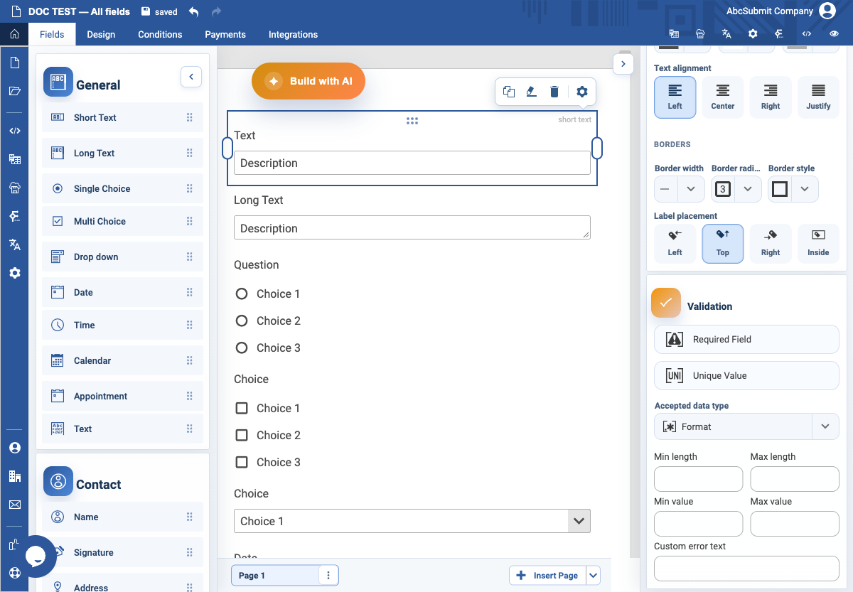 Short Text Accepted data type menu with Pattern and its regular-expression input.