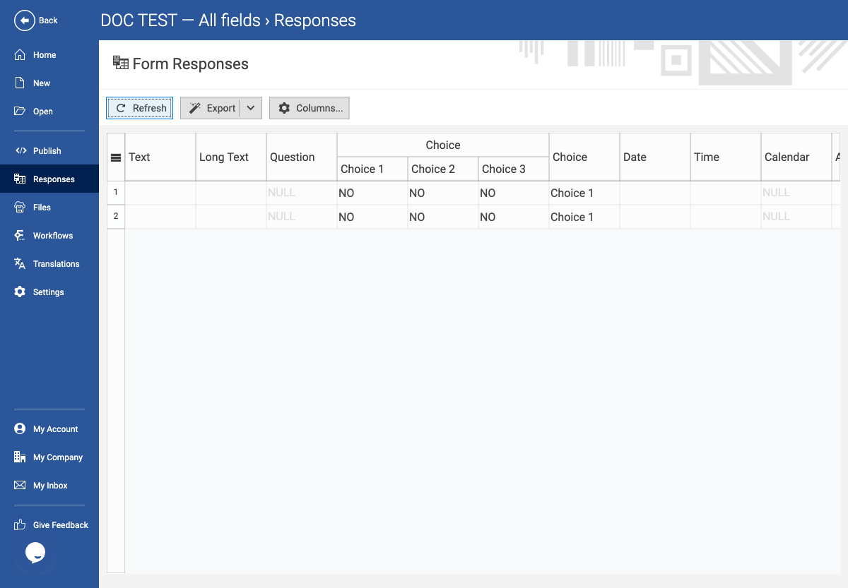 Non-empty response grid after submission.
